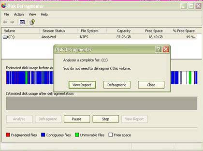 Screen shot of Disk Defragmenter interface, described in more detail below