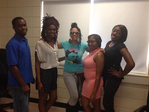 Jessica Care Posing with Claflin Students at Poetry Workshop