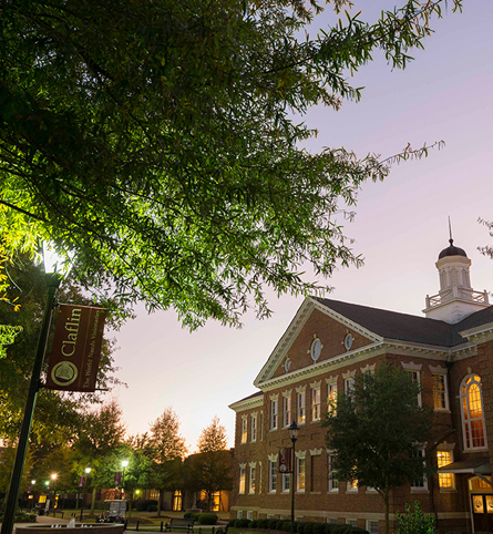 Campus exterior at dusk