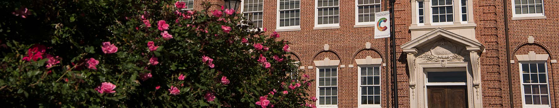 Tingley Memorial Hall exterior with rose bush