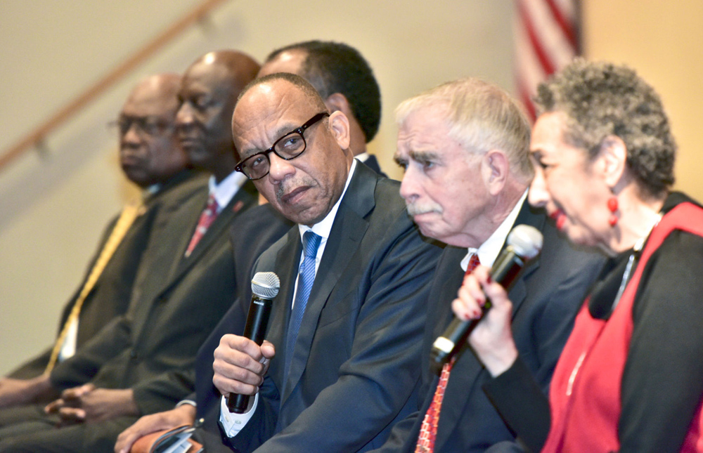 Pulitzer-prize winning columnist Eugene Robinson, center, serves as the moderator for a forum on race relations at Clalfin's W.V. Middleton Fine Arts Center. (Courtesy of The Times and Democrat)