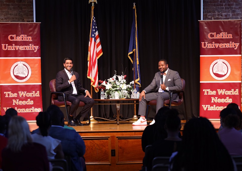 From Left - California Congressman Ro Khanna and Claflin President Dr. Dwaun J. Warmack during Claflin's Fireside Chat Claflin University President Dr. Dwaun J. Warmack Holds “Fireside Chat” featuring California Congressman Ro Kanna