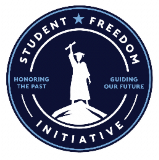 The Student Freedom Initiative logo shows an illustration of a student in graduation dress with an arm raised holding a degree.