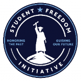 Student-Freedom-Initiative-Claflin The Student Freedom Initiative logo shows an illustration of a student in graduation dress with an arm raised holding a degree.